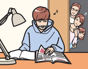 勉強する男子を見守る家族、安心の母