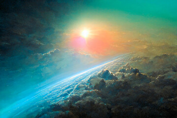 Fototapeta premium Illustration of Sunrise over a Distant Planet made with Generative AI