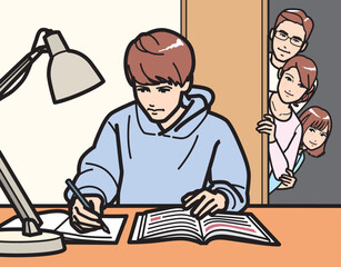 勉強する男子を見守る家族