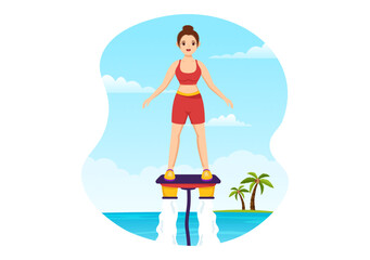 Flyboard Illustration with People Riding Jet Pack in Summer Beach Vacations in Flat Extreme Water Sport Activity Cartoon Hand Drawn Templates
