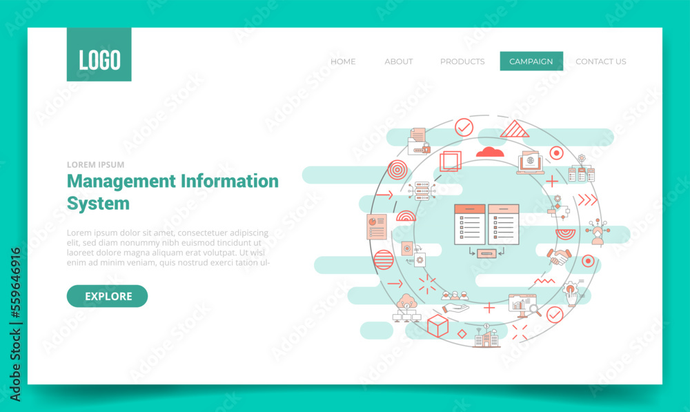Sticker mis management information system concept with circle icon for website template or landing page home