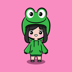 Cute girl wearing oversize jumper. Frog character oversize jumper. Frog character oversize hoodie. Fit for mascot, children's book, icon, t-shirt design, etc.