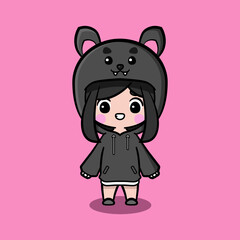 Cute girl wearing oversize jumper. Bat character oversize jumper. Bat character oversize hoodie. Fit for mascot, children's book, icon, t-shirt design, etc.
