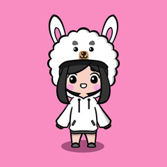 Cute girl wearing oversize jumper. Llama character oversize jumper. Llama character oversize hoodie. Fit for mascot, children's book, icon, t-shirt design, etc.