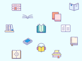 Vector illustration of a book and reading elements. Contains such as book stack, notes, study, library, education, open book and more. Flat illustration style line drawing