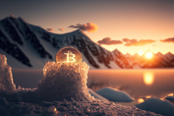 Ice bitcoin on top of mountain. cryptocurrency and business concept. Generative AI