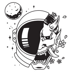 Oni mask astronaut helm coloring book illustration vector