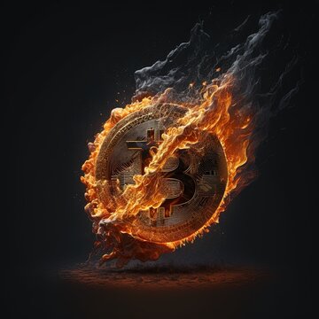 bitcoin coin on fire, concept crash loss finance. Generative ai