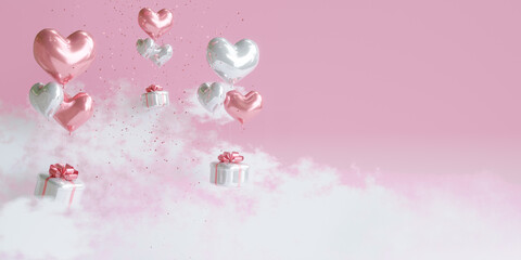 Heart Shaped Balloons with gift box Valentines float on the sky. 3d illustration