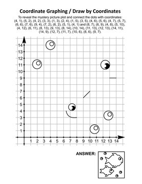 Coordinate graphing, or draw by coordinates, math worksheet with fishes: To reveal the mystery picture plot and connect the dots with given coordinates. Answer included.
