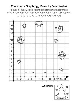 Coordinate graphing, or draw by coordinates, math worksheet with christmas tree: To reveal the mystery picture plot and connect the dots with given coordinates. Answer included.
