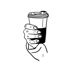 hand holding a cup of coffee icon, hand drawn line art of hand holding a cup of coffee