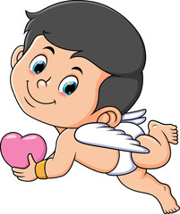 The cute cupid boy is flying and holding the love sign