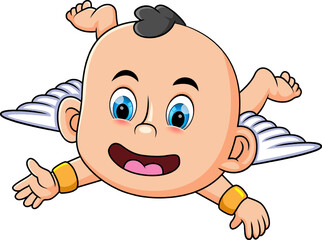 The baby cupid is flying and shouting in the sky
