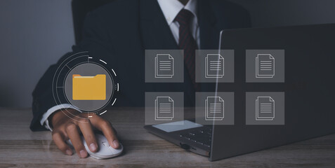 Businessman access business connection online documentation database and process automation to efficiently manage files.