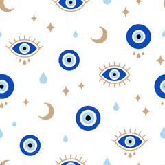 Evil eyes seamless pattern. Vector illustration of protection talismans. Line art. Texture for print, textile. - obrazy, fototapety, plakaty
