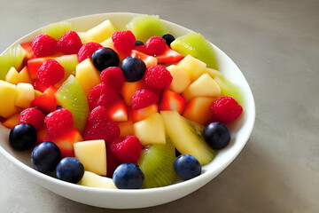 Bowl of vibrant healthy fresh fruit salad in a white serving bowl