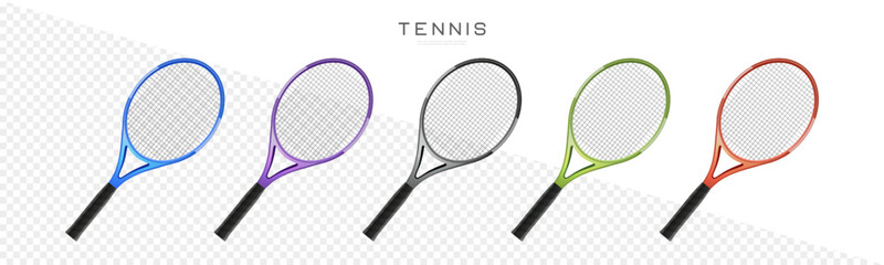 Tennis rackets vector realistic illustration. Sports equipment icons. Badminton rackets set in different colors © Angela Ksen