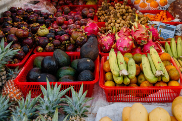 Vegetables and fruits at the food market in the center. selective focus