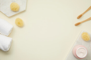 top view of simple composition of bathroom objects. copy space 