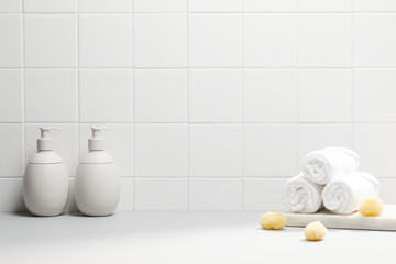 Obraz na płótnie Canvas decoration in bathroom with various bath accessories and soft light on white tile wall. copy space and front view