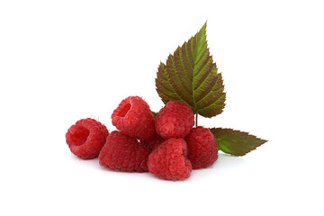 Bunch of raspberry fruits with leaves isolated on white