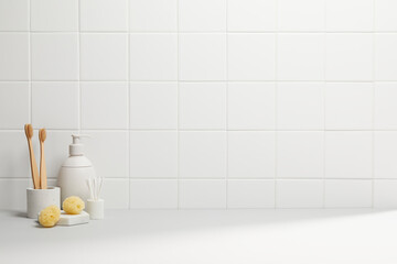 decoration in bathroom with various bath accessories and soft light on white tile wall. copy space...