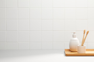 front view of bathroom object with soft light on white tile background