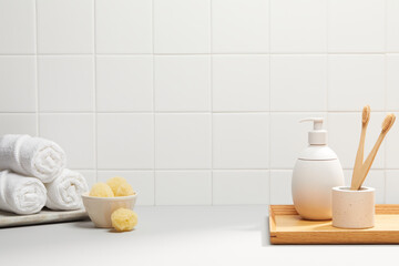 front view of bathroom object with soft light on white tile background