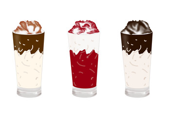Set of milkshakes with chocolate on white background. Sweet drinks with various additives, Dairy Whipping Cream and berries. Colorful vector illustration in sketch style. For menu, cafe, restaurant