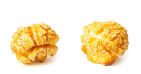 Close up of popcorn isolated on white background.