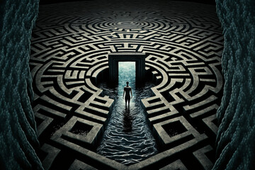 A maze with water floors, a person standing in front of the entrance With Generative AI
