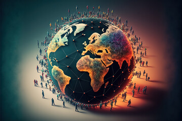 Crowds of people on world globe, business and technology concept generative ai illustration