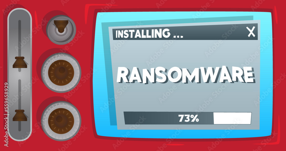 Poster Cartoon Computer With the word Ransomware. Message of a screen displaying an installation window.