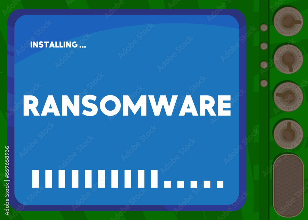Poster Cartoon Computer With the word Ransomware. Message of a screen displaying an installation window.