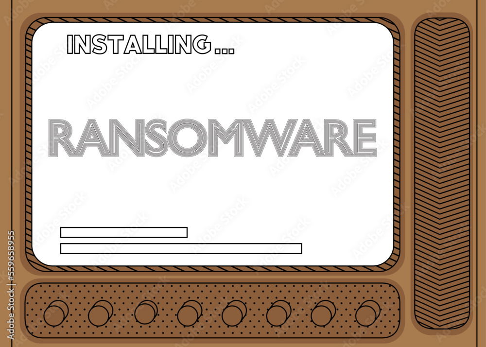 Poster cartoon computer with the word ransomware. message of a screen displaying an installation window.