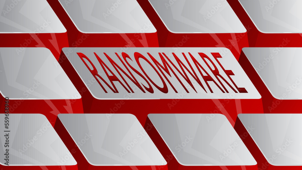 Poster computer keyboard with ransomware text. close-up of an electronic computer device part, keypad.
