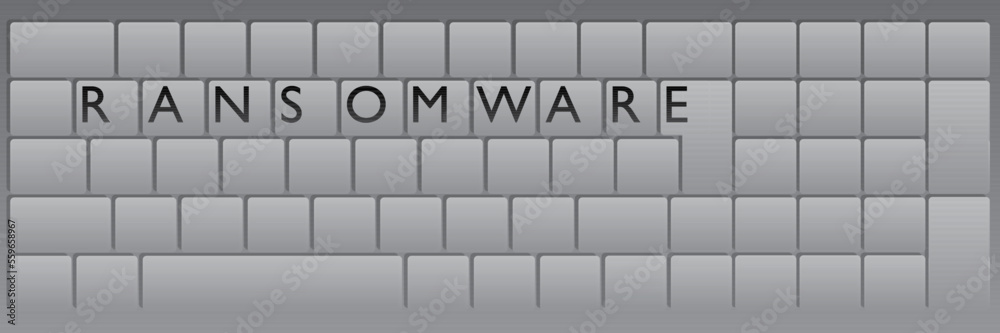 Poster computer keyboard with ransomware text. close-up of an electronic computer device part, keypad.