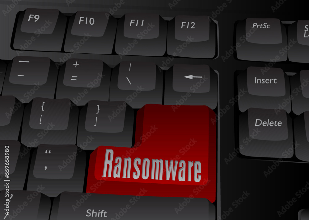 Poster computer keyboard with ransomware text. close-up of an electronic computer device part, keypad.