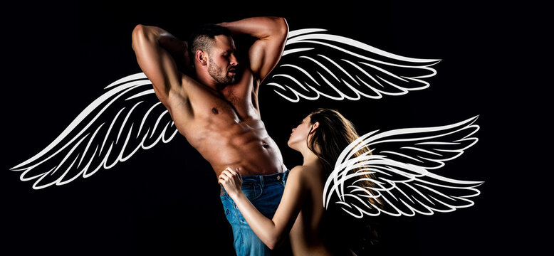 Angels couple, valentines day photo banner. Sexy muscular naked man and female hands undress his jeans on black background