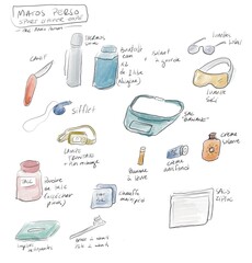 Hand-drawn and watercolor set of winter essentials accessories doodle for sport expedition