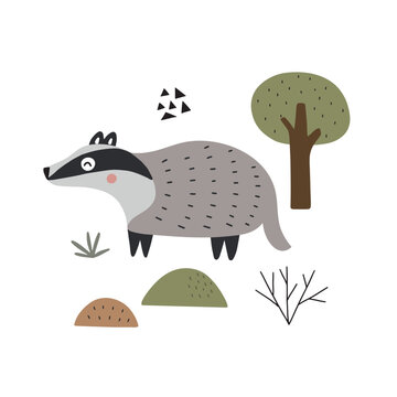 Vector illustration with a cute badger on a white background in the Scandinavian style for the design of posters, postcards, textiles