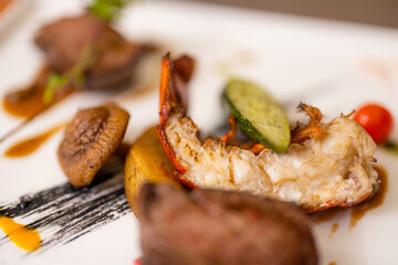 Grill steak and lobster on the plate