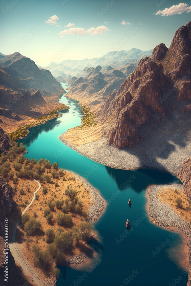 Poster Beautiful scenery with mountains and rivers