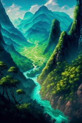 Deep forest river valley between mountains