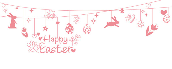 Happy easter decoration illustration. Easter eggs, bunny and  flowers decoration background for Happy easter banner and design. Vector illustration.
