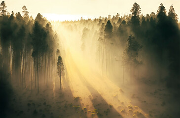 Forest at dawn, fog, light crept