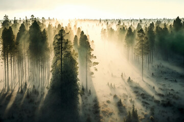 Fototapeta premium Forest at dawn, fog, light crept