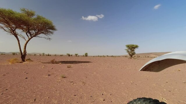 Panning shot from an offroad motorcycle to a flat desert with isolated trees