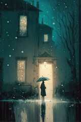 Standing under an umbrella under the rainy city, illustration